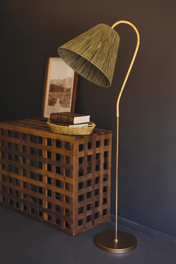 Rattan-Wrapped Floor Lamp with Raffia Shade Traditional Coastal