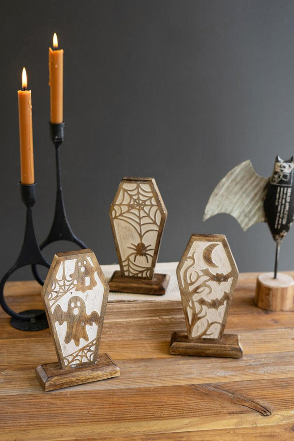 Set of Three Carved Wooden Halloween Coffin Scenes
