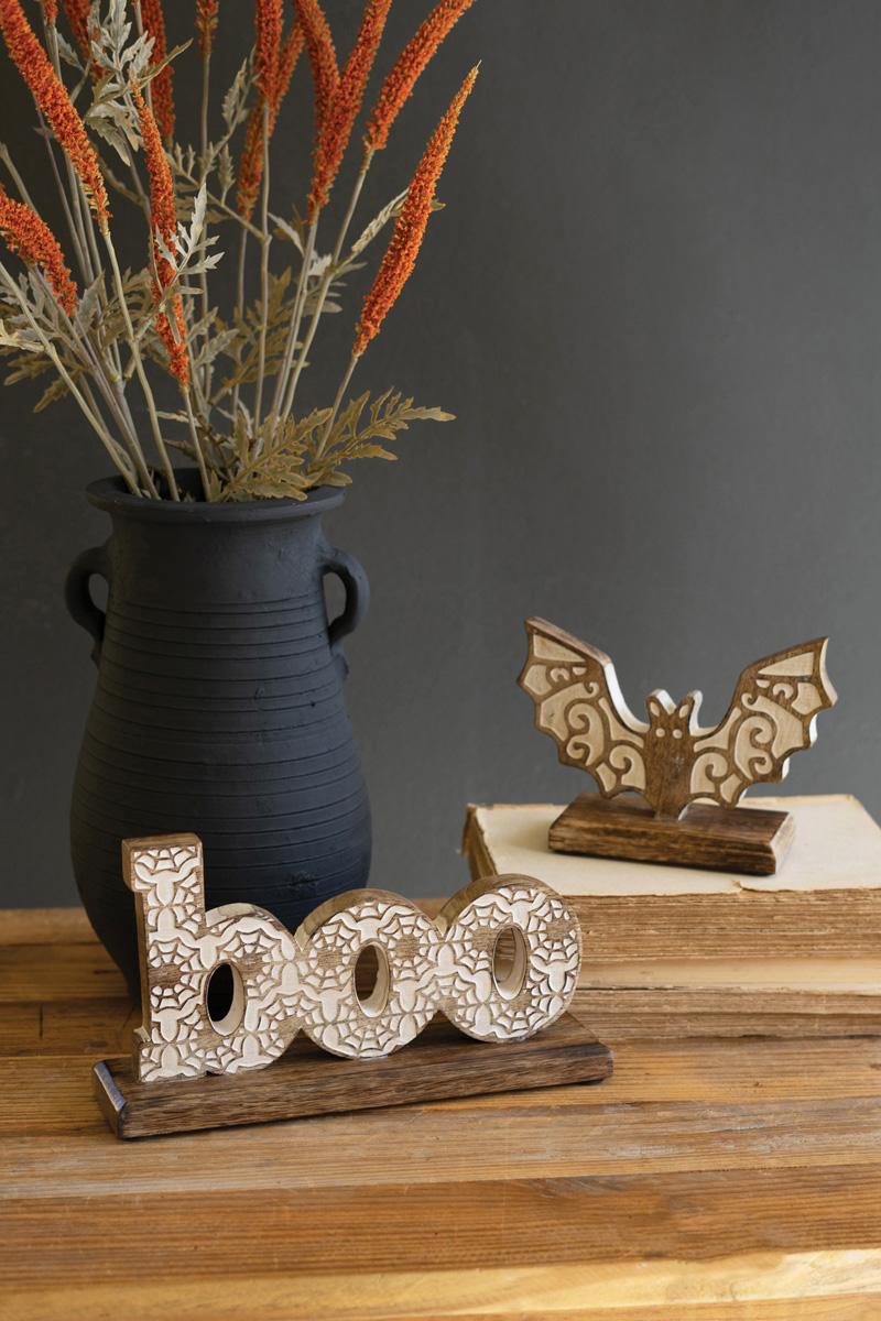 Set of Two Carved Wooden Halloween Tabletop Boo and Bat