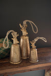 Set of Three Antique Gold Metal Christmas Bells with Deer Finials - Eclectic Holiday Décor