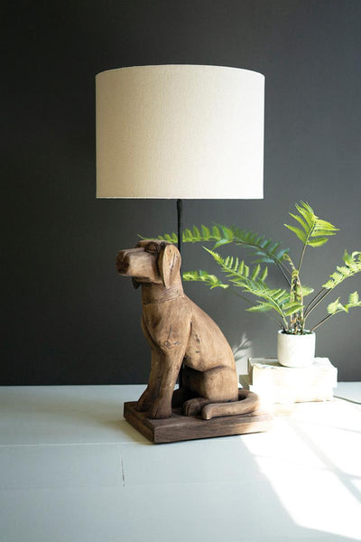 Mango Wood Dog Table Lamp with Fabric Shade Eclectic