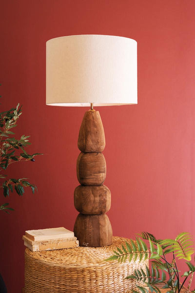 Quad-Carved Mango Wood Table Lamp with Fabric Shade Contemporary