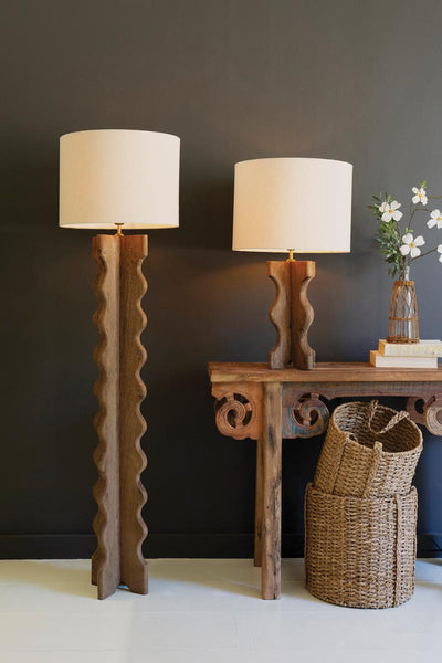Wavy Wooden Floor Lamp with Shade – side view
