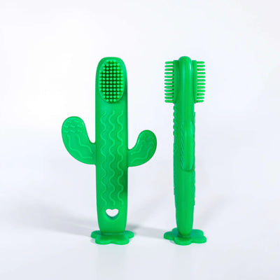 Two green toothbrushes, one shaped like a cactus, on a white background