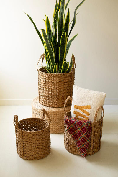 Set of 3 Round Braided Seagrass Storage Baskets with Handles