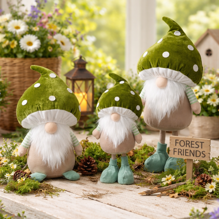 Three gnome figurines with green hats and white beards in a garden setting with flowers and a lantern.