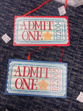 Admit One Spectacular Ticket Ornaments in red and blue, glitter carnival ticket signs with mint stripes and gold stars