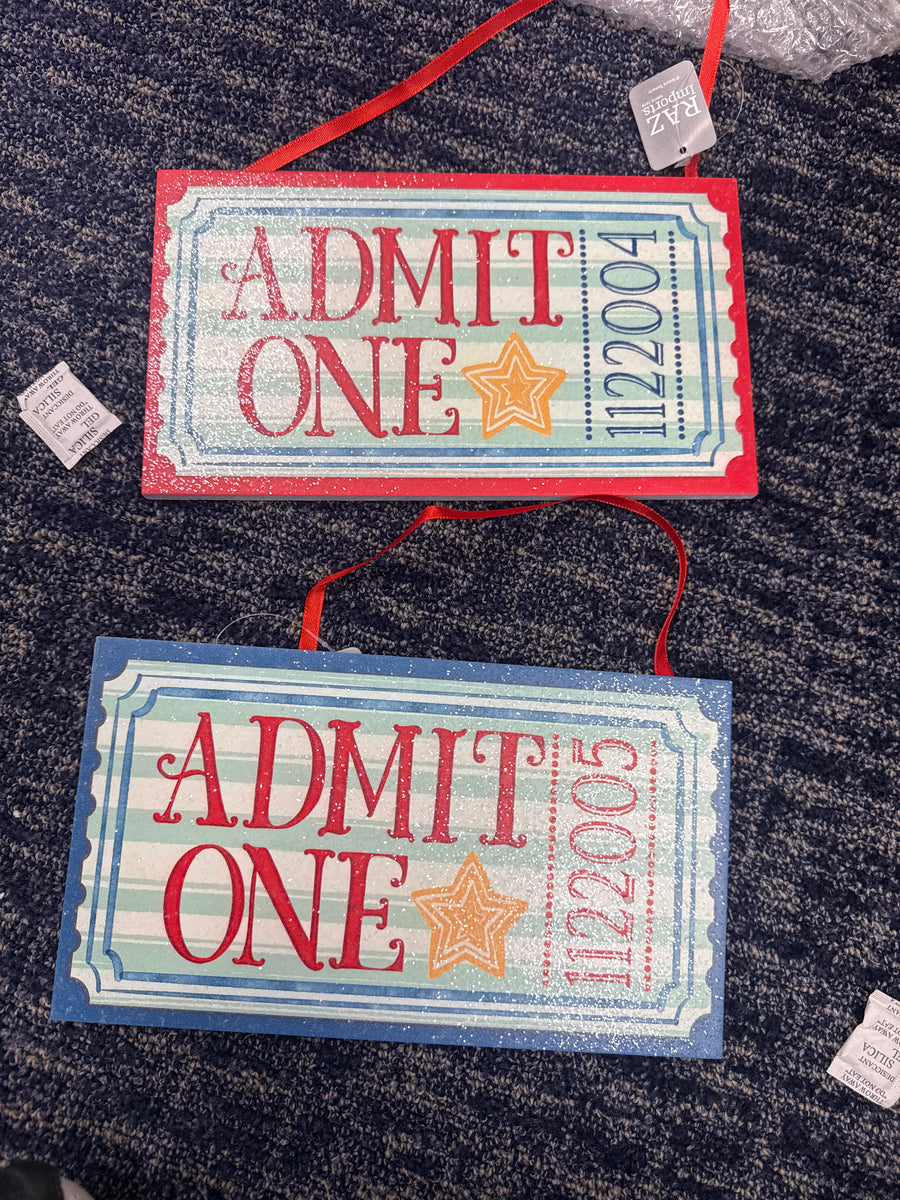 Admit One Spectacular Ticket Ornaments in red and blue, glitter carnival ticket signs with mint stripes and gold stars