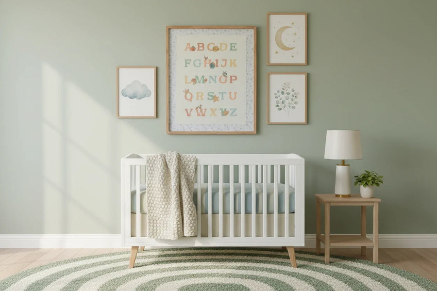 Kinder Alphabet framed print, 28 x 23 inches, on a wall