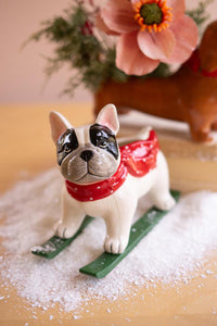 Ceramic Christmas Skiing Dog Figurine – Hand-Painted Holiday Dog Décor