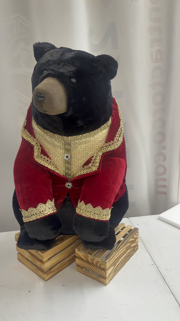 22.75 inch sitting bear in burgundy and gold velvet coat