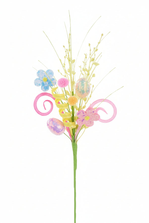 "19" Easter Egg Floral Pick with Pompoms & Coils – Assorted Pastel Colors