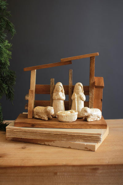 Wooden Nativity with Paper Mache Figures