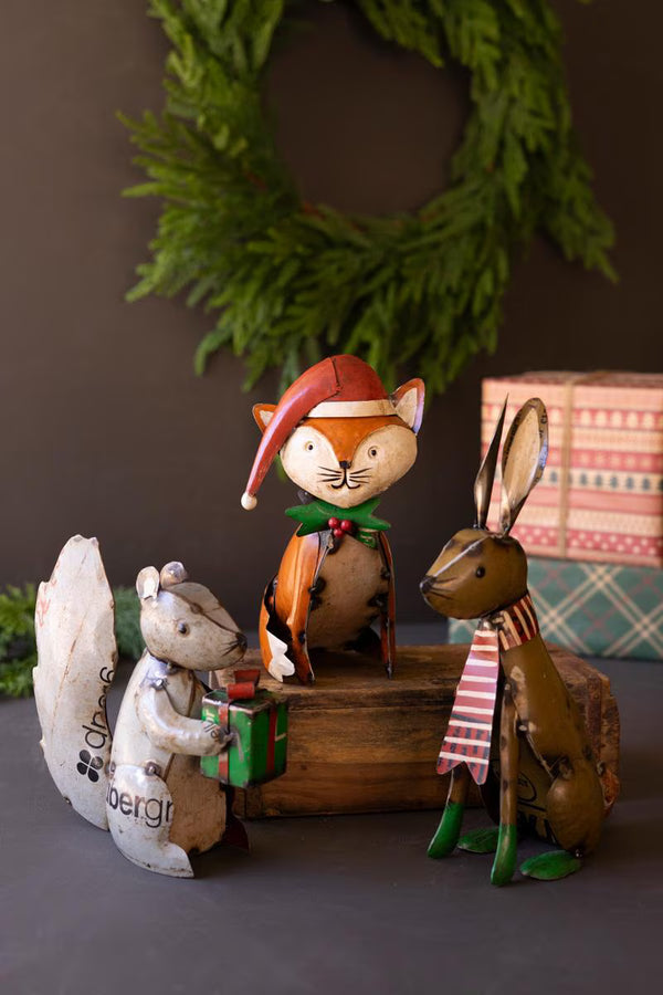 Recycled Metal Christmas Woodland Critters, Set of 3 – Hand-Painted Holiday Figurines – view 1