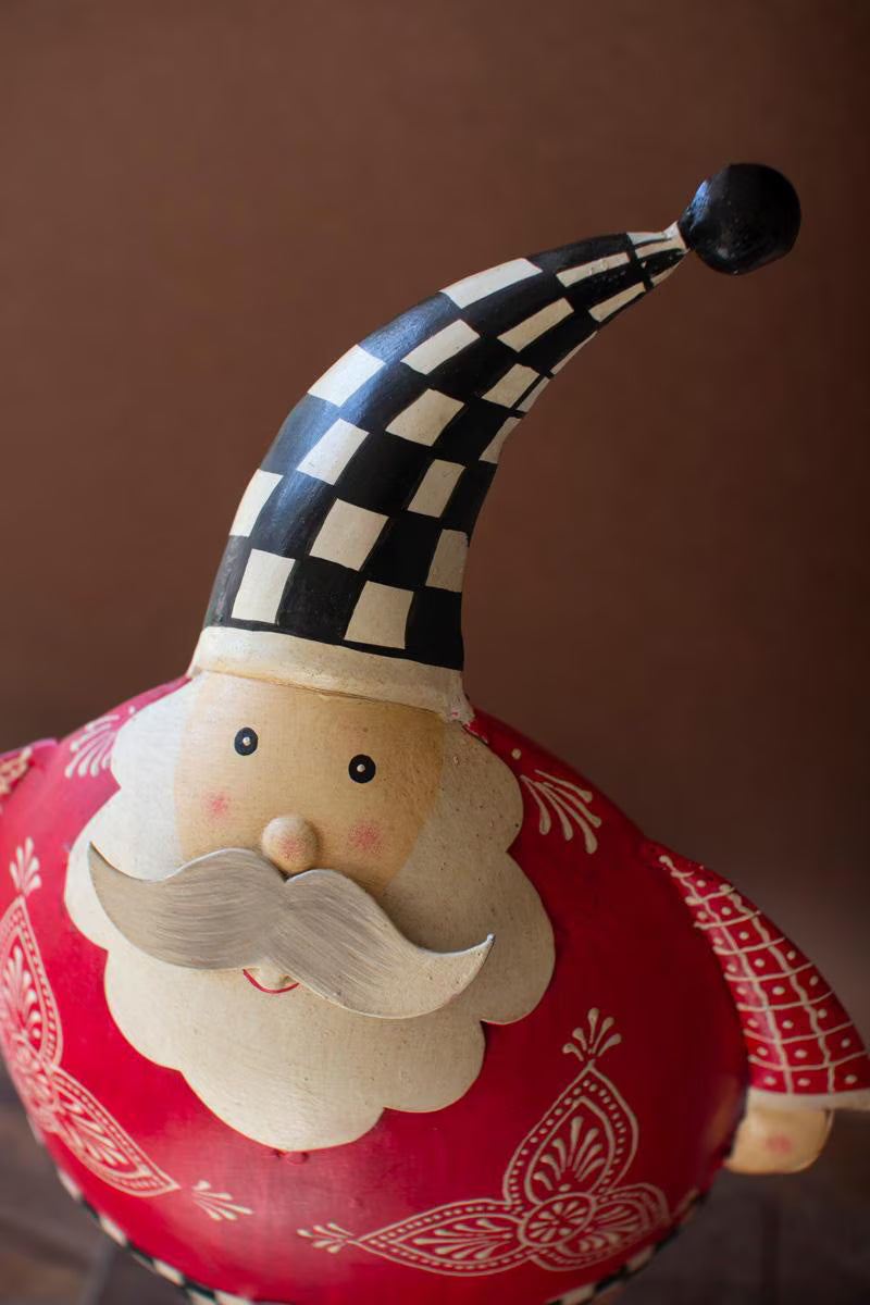 Set of 2 Painted Metal Santas with Checkered Detail