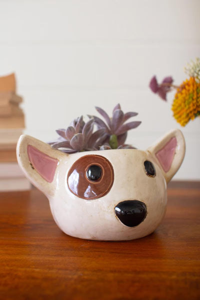 Set of 2 Ceramic Black & White Dog Head Planters