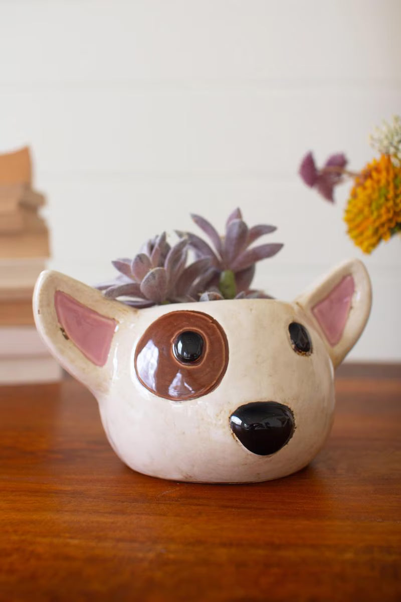 Set of 2 Ceramic Black & White Dog Head Planters