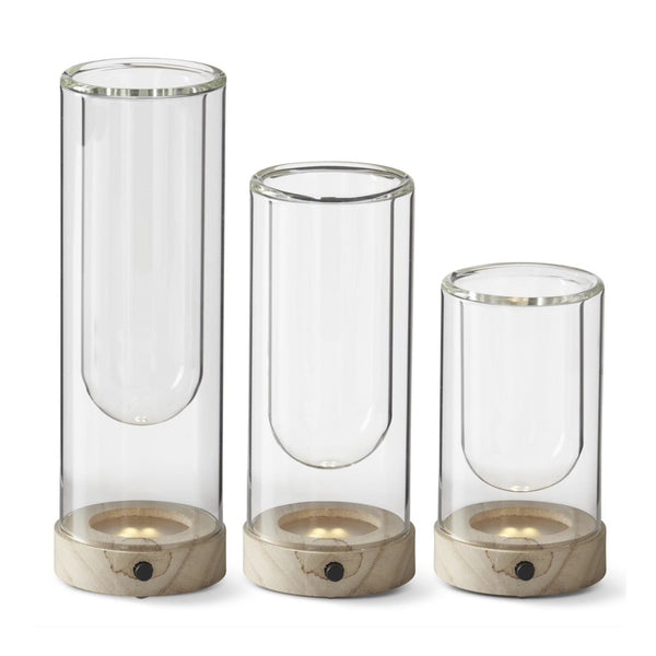 Clear glass LED cloche vases with timer and wood base, shown in all three sizes (each size sold separately)