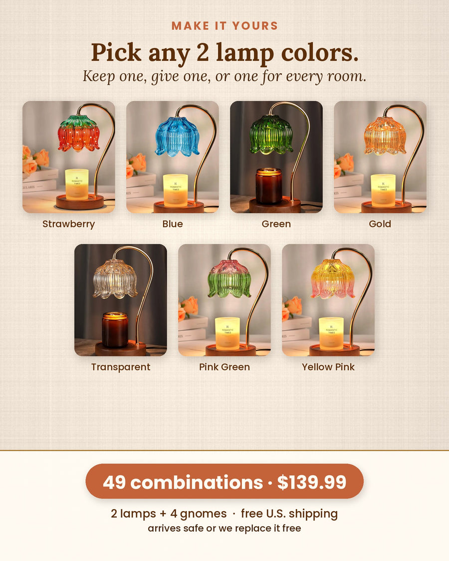 Pick any 2 of 7 candle warmer lamp colors: Strawberry, Blue, Green, Gold, Transparent, Pink Green, Yellow Pink