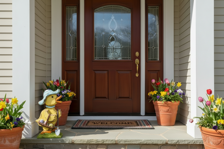 Decorative duck figurine with a hat, basket, and shovel on a pink background