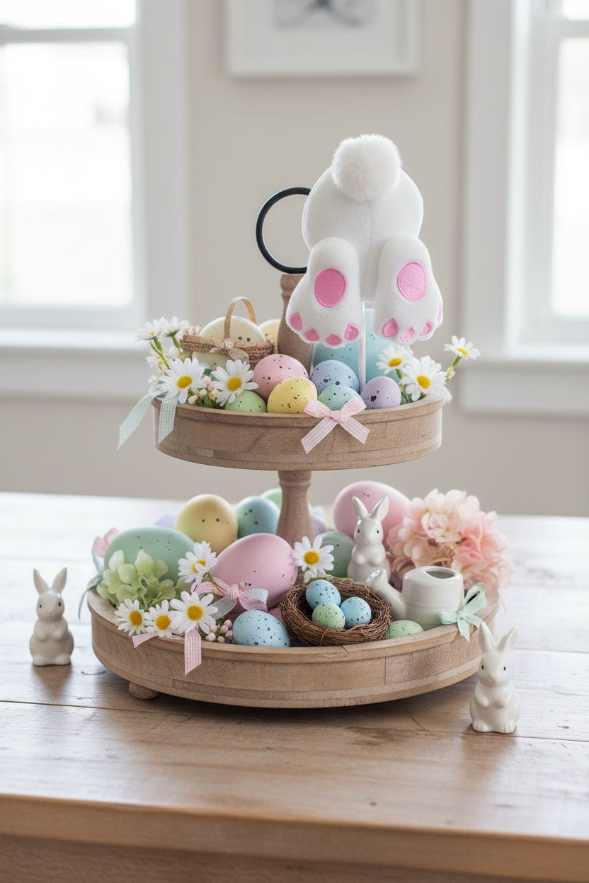 Two-tiered wooden tray with Easter decorations including eggs, flowers, and bunnies on a table.