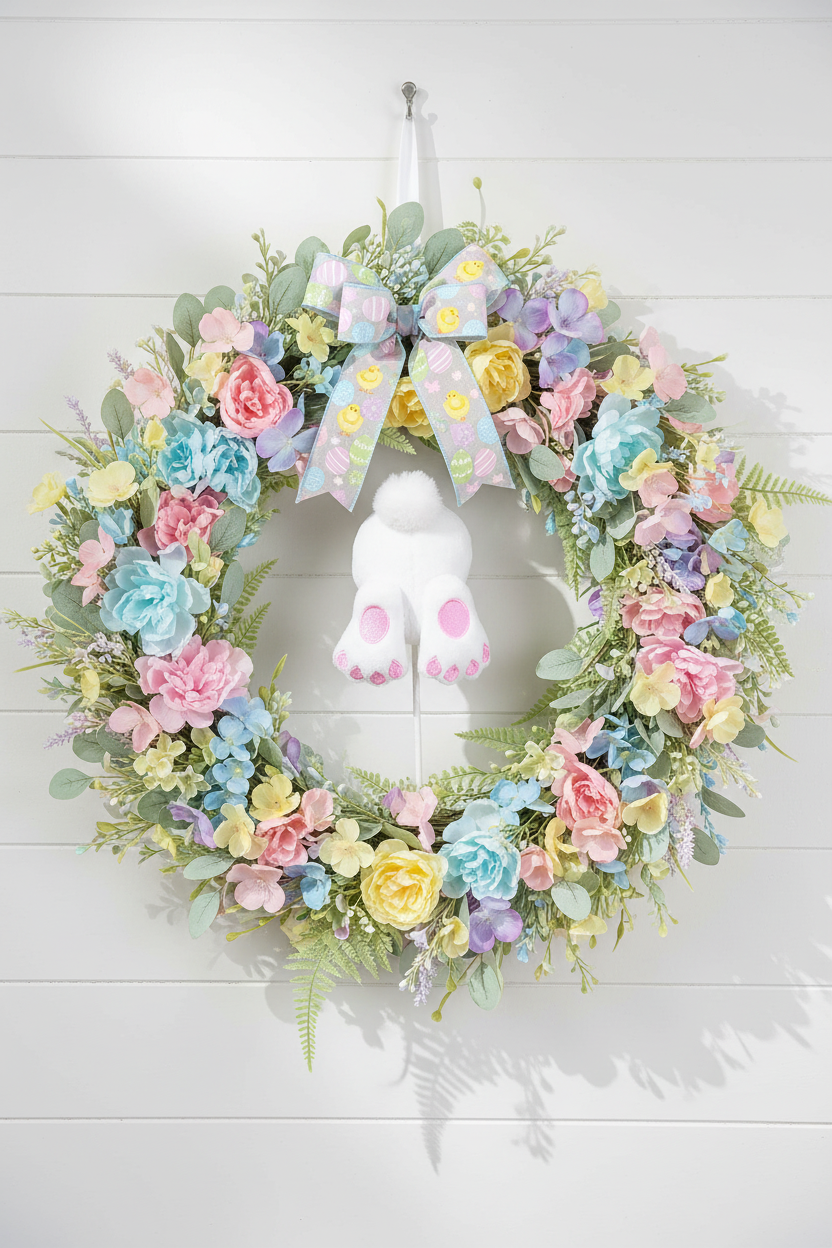 Pastel floral wreath with a white bunny and polka dot bow on a white background