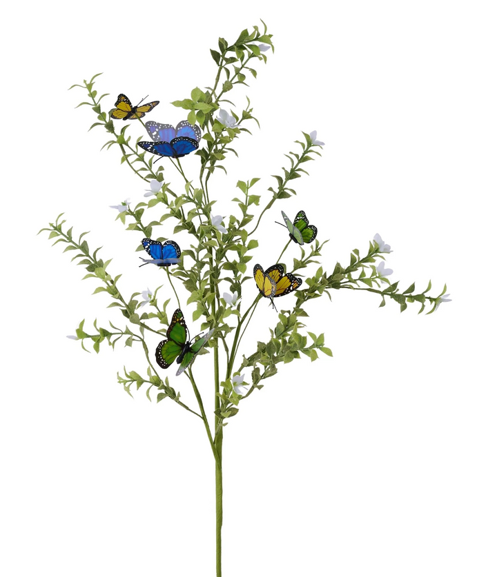 32" Leaf & Butterfly Spray | Green Blue Yellow | Large Botanical Spring Farmhouse Floral Décor