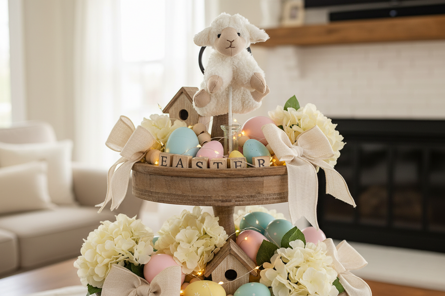 Decorative Easter tiered stand with eggs, flowers, and a lamb figurine in a living room setting.