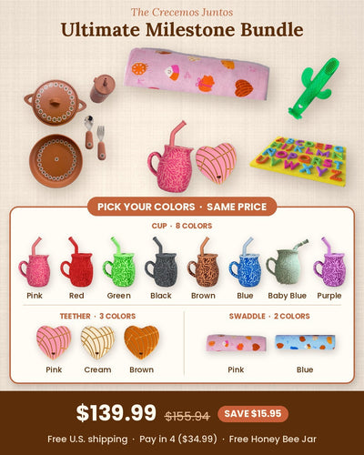 The Crecemos Juntos Ultimate Milestone Bundle: all 6 pieces, plus every color you can pick (8 cups, 3 teethers, 2 swaddles), $139.99, worth $155.94, with free U.S. shipping