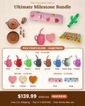 The Crecemos Juntos Ultimate Milestone Bundle: all 6 pieces, plus every color you can pick (8 cups, 3 teethers, 2 swaddles), $139.99, worth $155.94, with free U.S. shipping