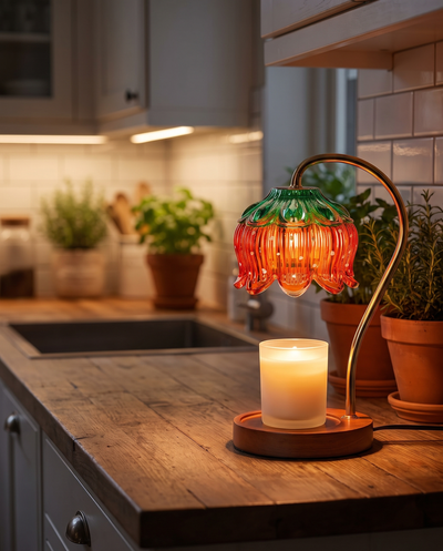 Candle warmer lamp glowing in a kitchen