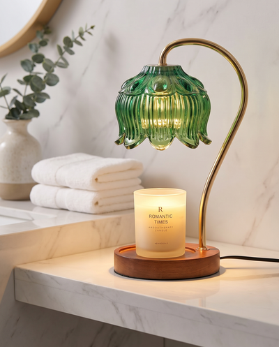 Green candle warmer lamp in a bathroom