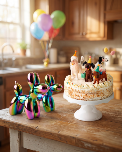 Balloon-dog shakers and dog cake toppers styled for a birthday celebration
