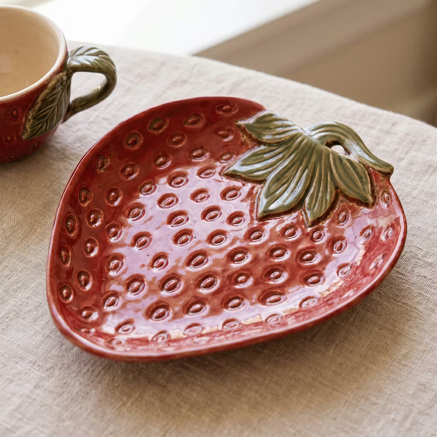 Set of 2 Glazed Ceramic Strawberry Platters – Whimsical Spring Serving Décor