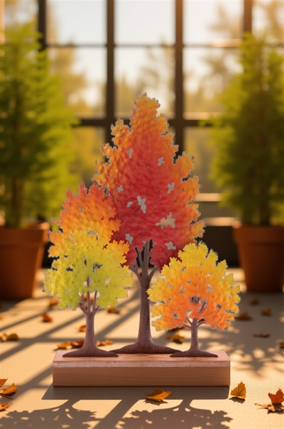 Triple fall tree decorative iron and MDF sculpture with autumn foliage in orange, red, and yellow on a wood base