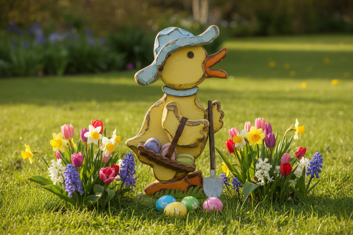 Decorative duck figurine wearing a hat and holding a basket and shovel on a white background