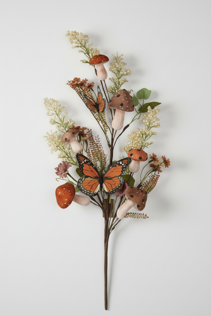 Decorative floral arrangement with mushrooms and a butterfly on a white background