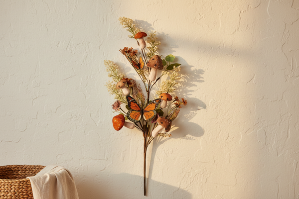 Decorative wall piece with flowers and butterflies on a textured wall