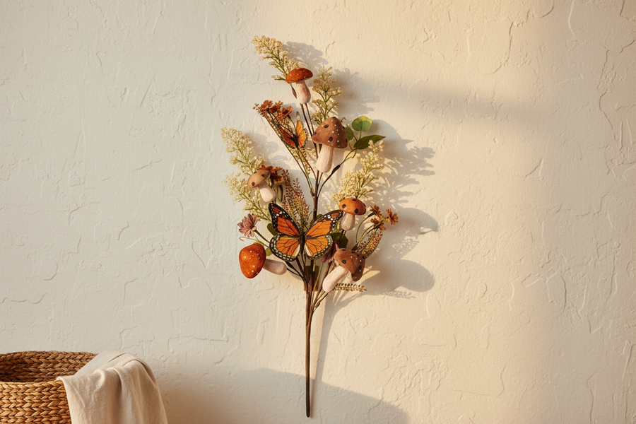 Decorative wall piece with flowers and butterflies on a textured wall