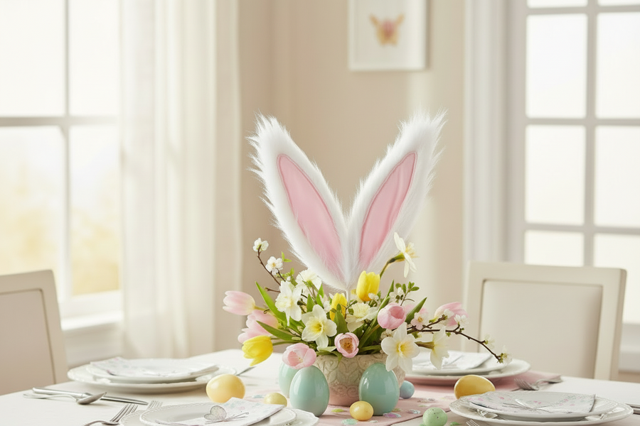 Easter table setting with bunny ears and floral centerpiece