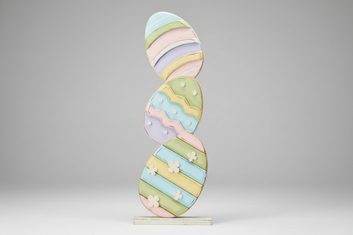 54" Refurbished Wood Easter Egg Stack | Multicolor White | Large Rustic Spring Farmhouse Statement Décor