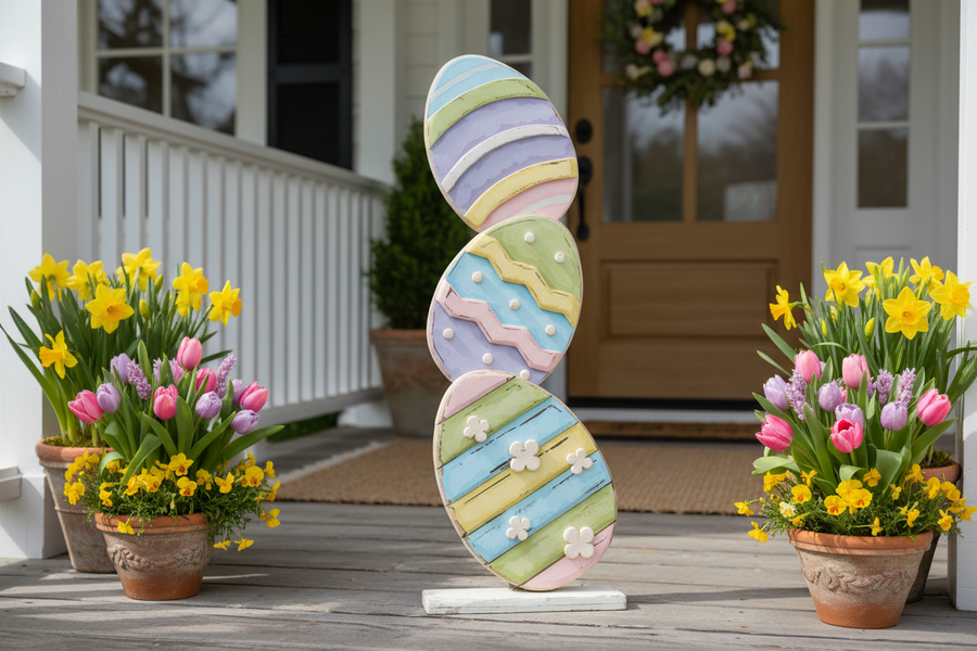 Decorative Easter egg with colorful patterns on a wooden deck with potted flowers and a door in the background.