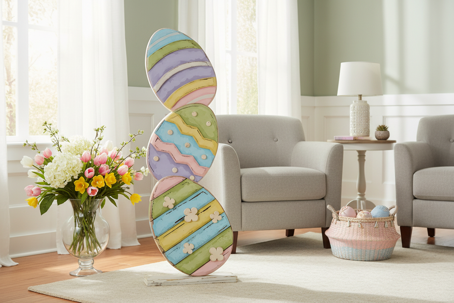 Colorful butterfly-shaped mirror in a living room setting with flowers and eggs.