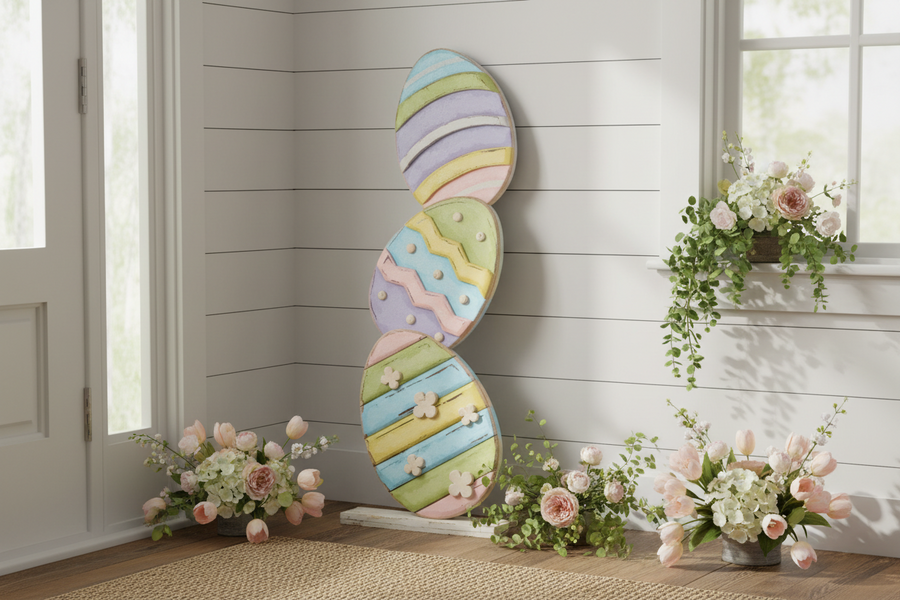 Decorative wall art with colorful Easter egg design in a room with flowers and a window.