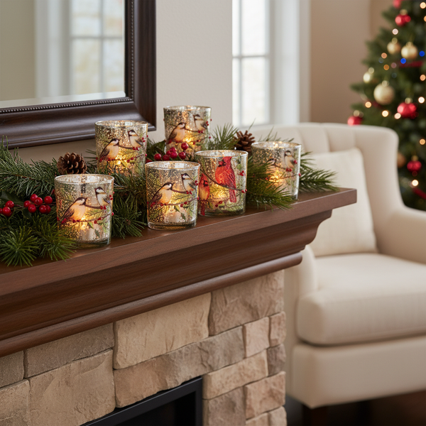 Mercury Glass Cardinal Votive Holders – Mantel