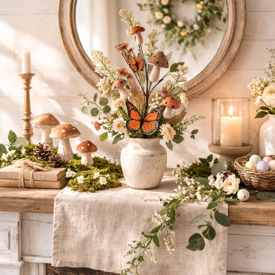 32 inch mushroom and monarch butterfly floral spray in a cream vase