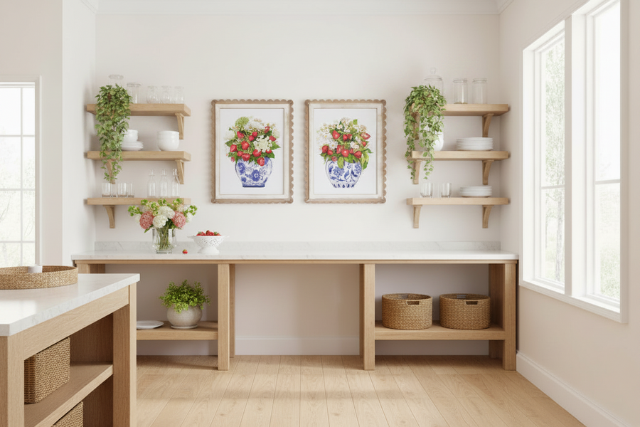 Wild Berry in Vase Scalloped Framed Wall Art — 16" Botanical Print Set of 2