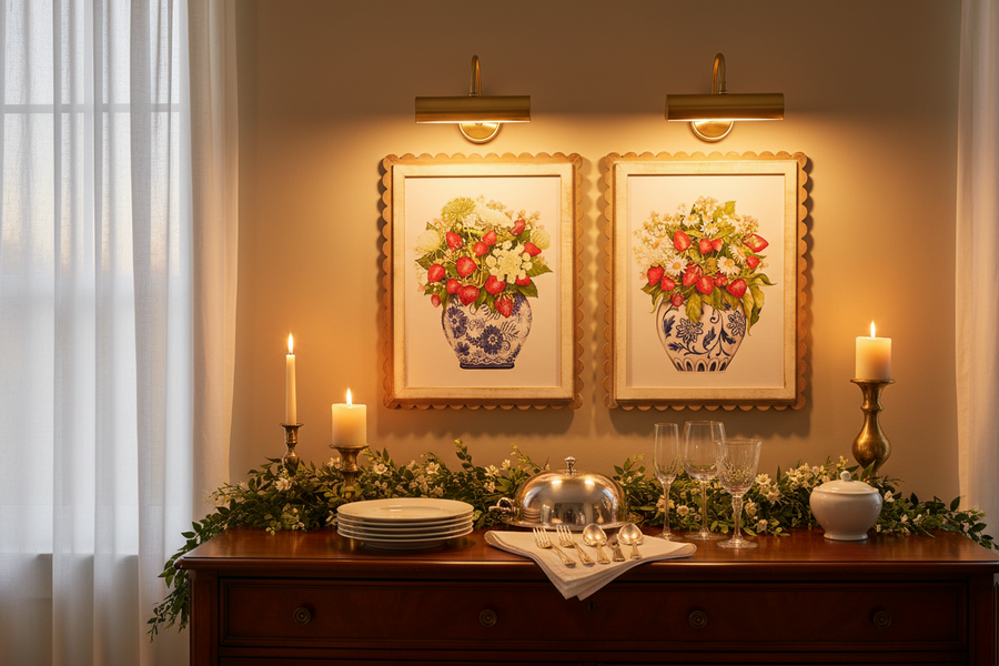 Wild Berry in Vase Scalloped Framed Wall Art — 16" Botanical Print Set of 2