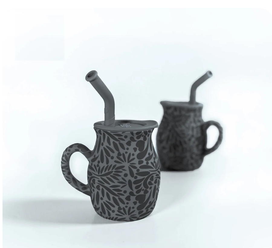Set of two black Talavera silicone baby training mugs with straw lids