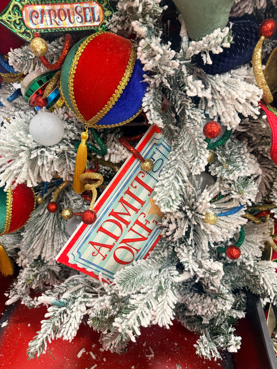 Admit One ticket ornament styled on a circus Christmas tree